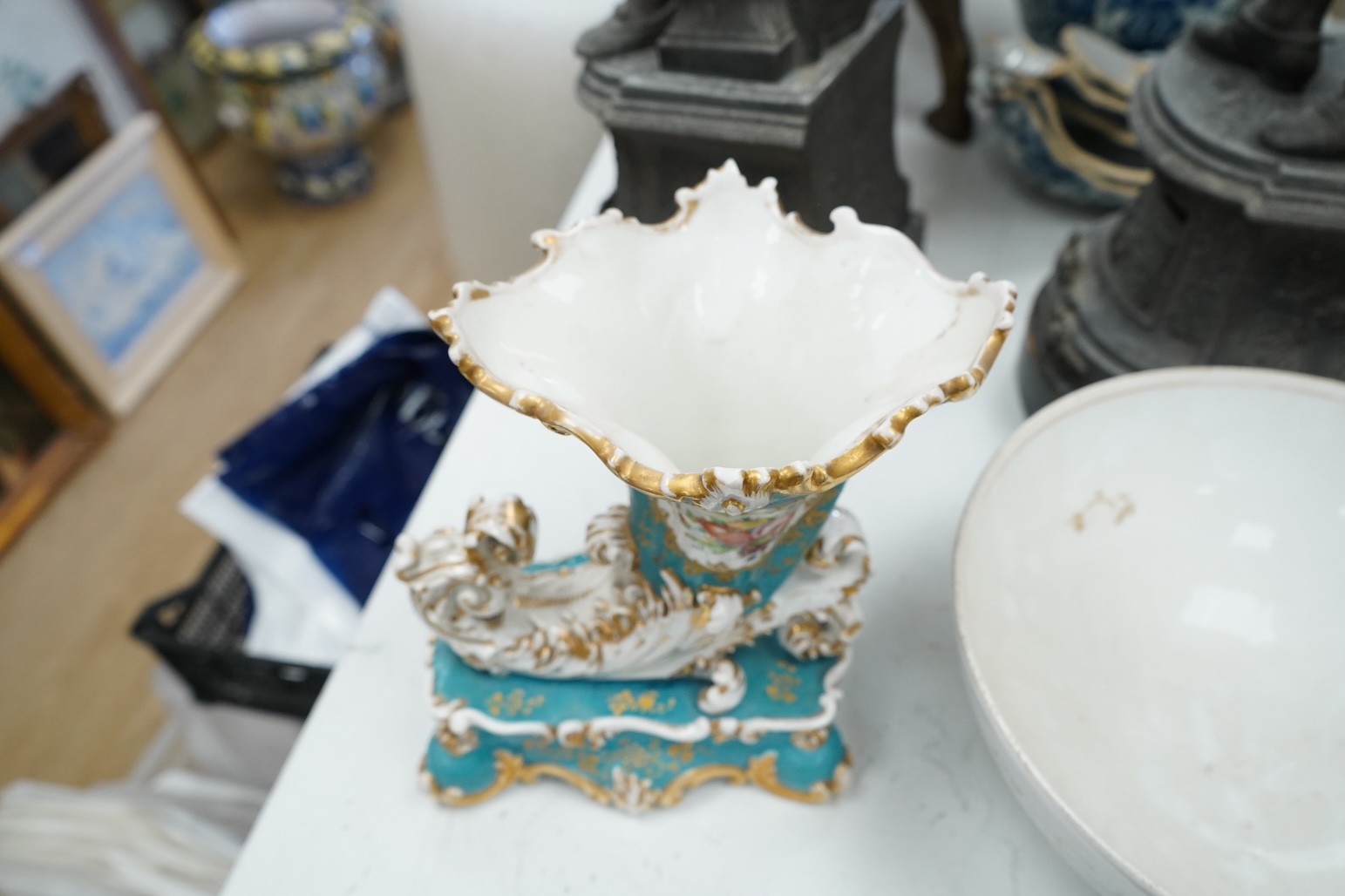 A 19th century French cornucopia vase and a Continental bowl, tallest 26cm